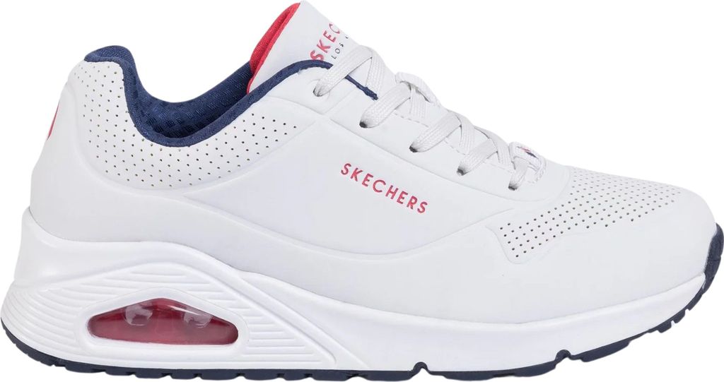 A side view of a white Skechers Uno sneaker with red and blue accents.