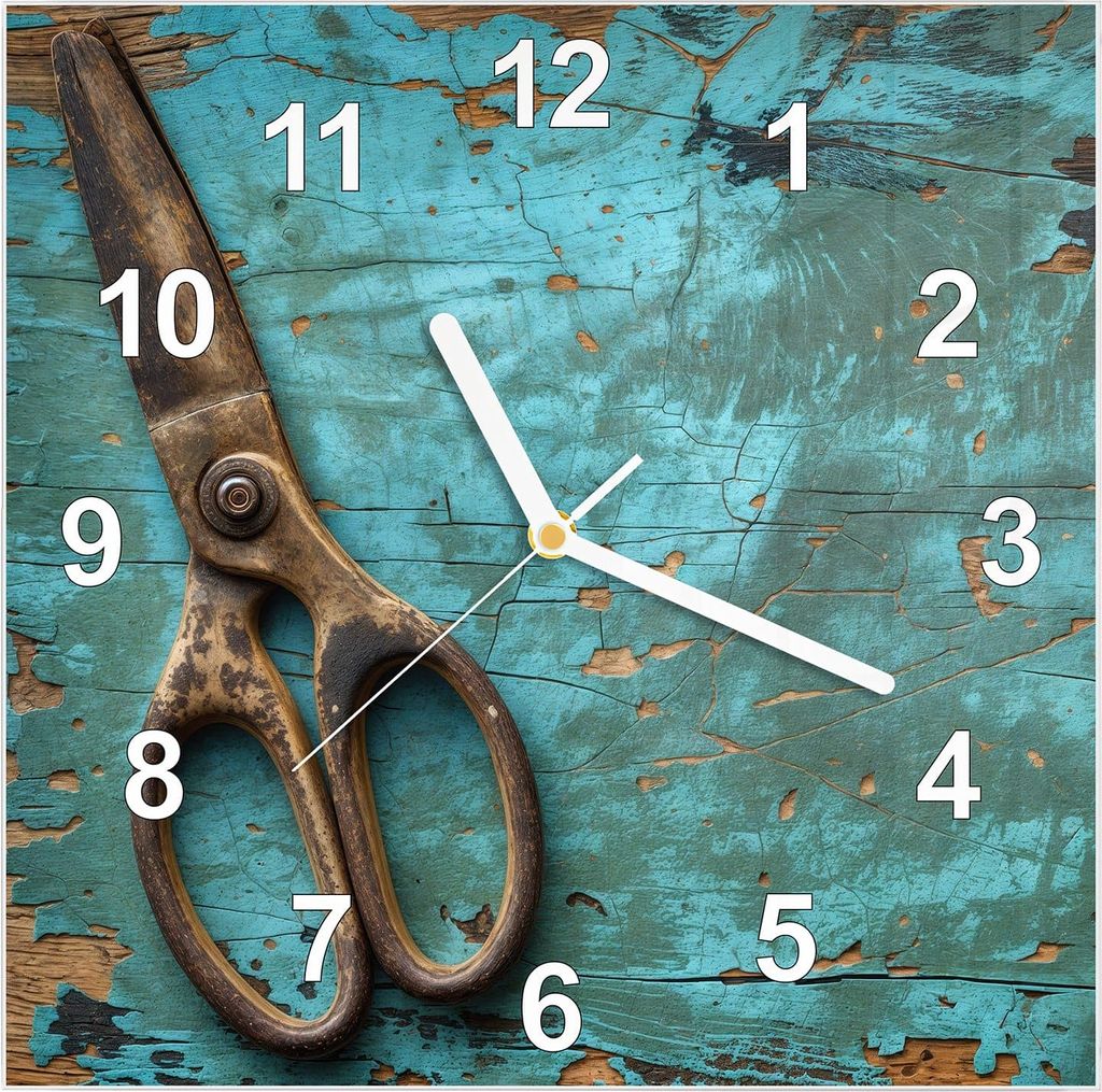 Wanduhr aus Glas mit Motiv Alte Schereauf Holz- 30 x 30 cm - inkl. Aufhängesystem