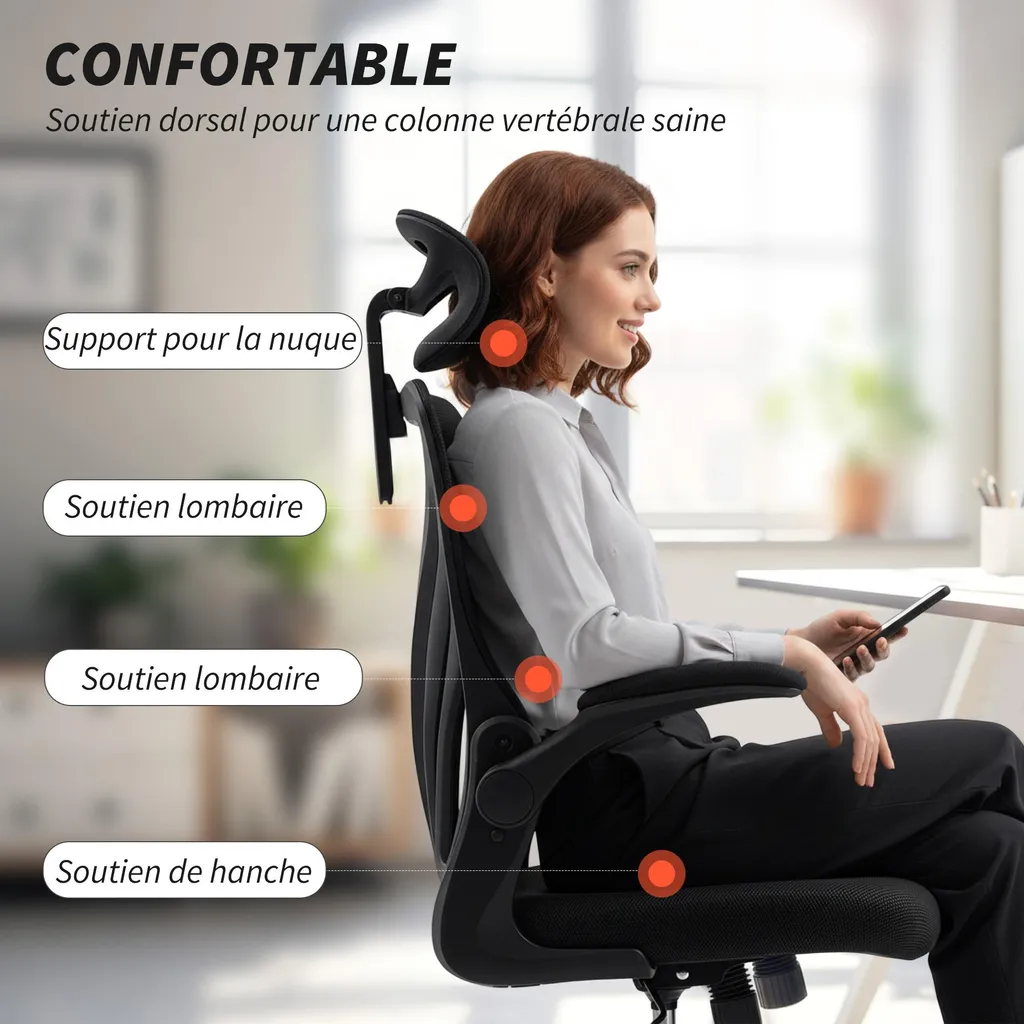 Chaise télétravail ergonomique, dossier pliable et appui-tête réglable