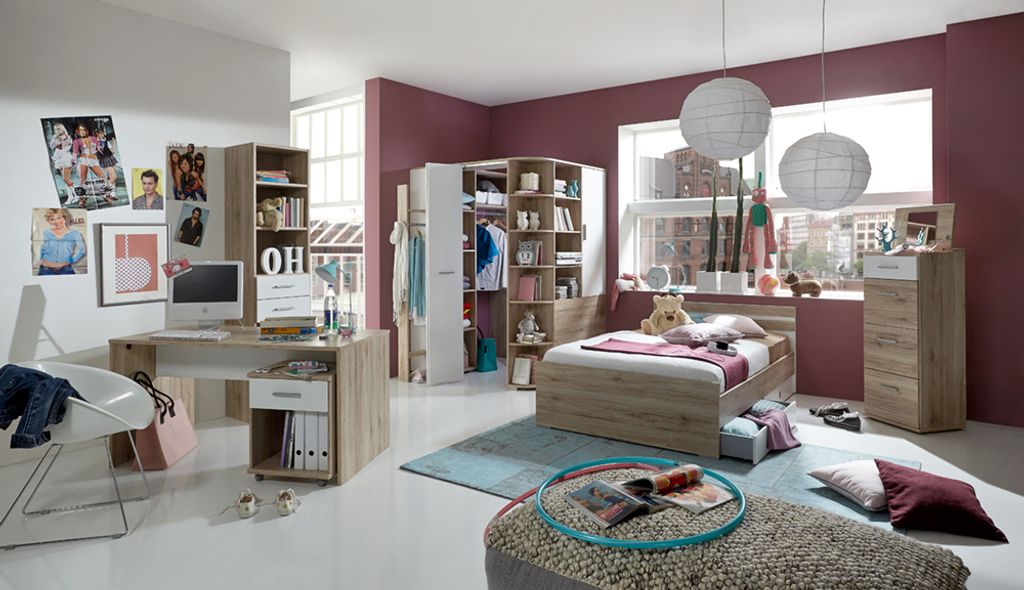 Schlafzimmer Jugendzimmer komplett Set mit Eckkleiderschrank, begehbar und beleuchtet und inkl. Schreibtisch Set JOHANNESBURG-43 in Eiche Nb. mit w...