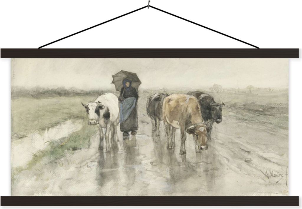 MuchoWow Textilposter Eine Bäuerin mit Kühen auf einer Landstraße im Regen - Gemälde von Anton Mauve 120x60 cm mit schwarzem Rahmen - Dekorat...