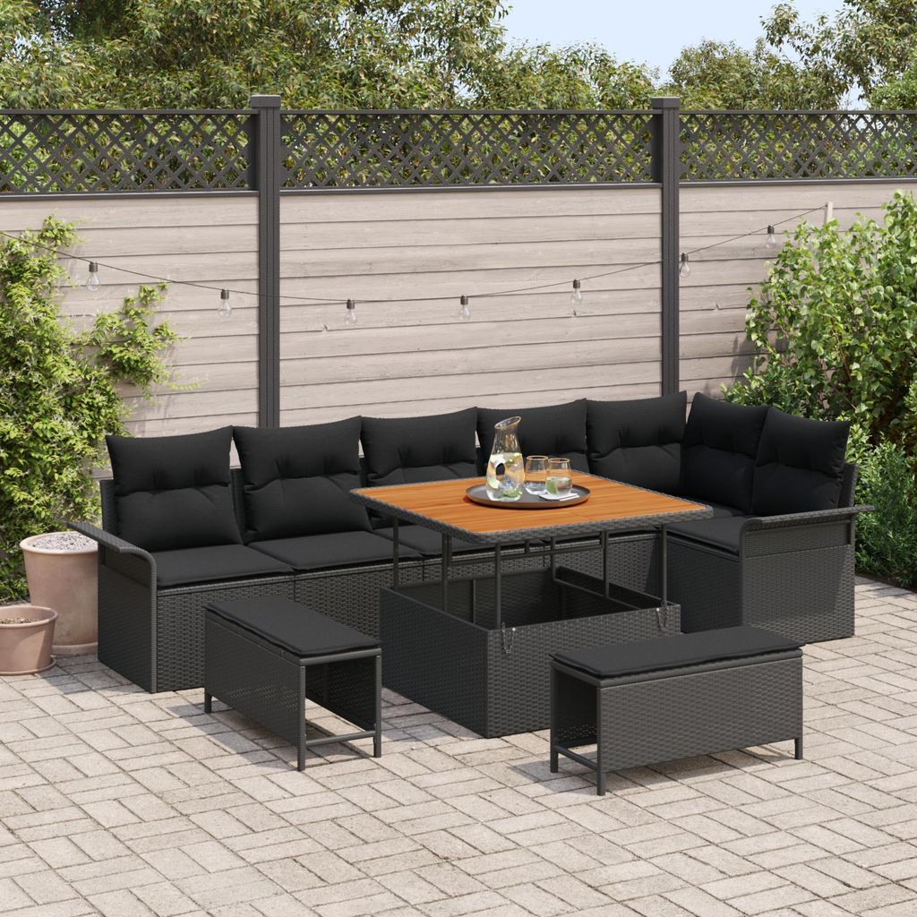 Eleganten-Stil Gartenlounge Set 9-teiliges Garten-Sofaset mit Kissen schwarzes Poly-Rattan Akazie - Terassenmöbel Gartenmöbel DE5313148