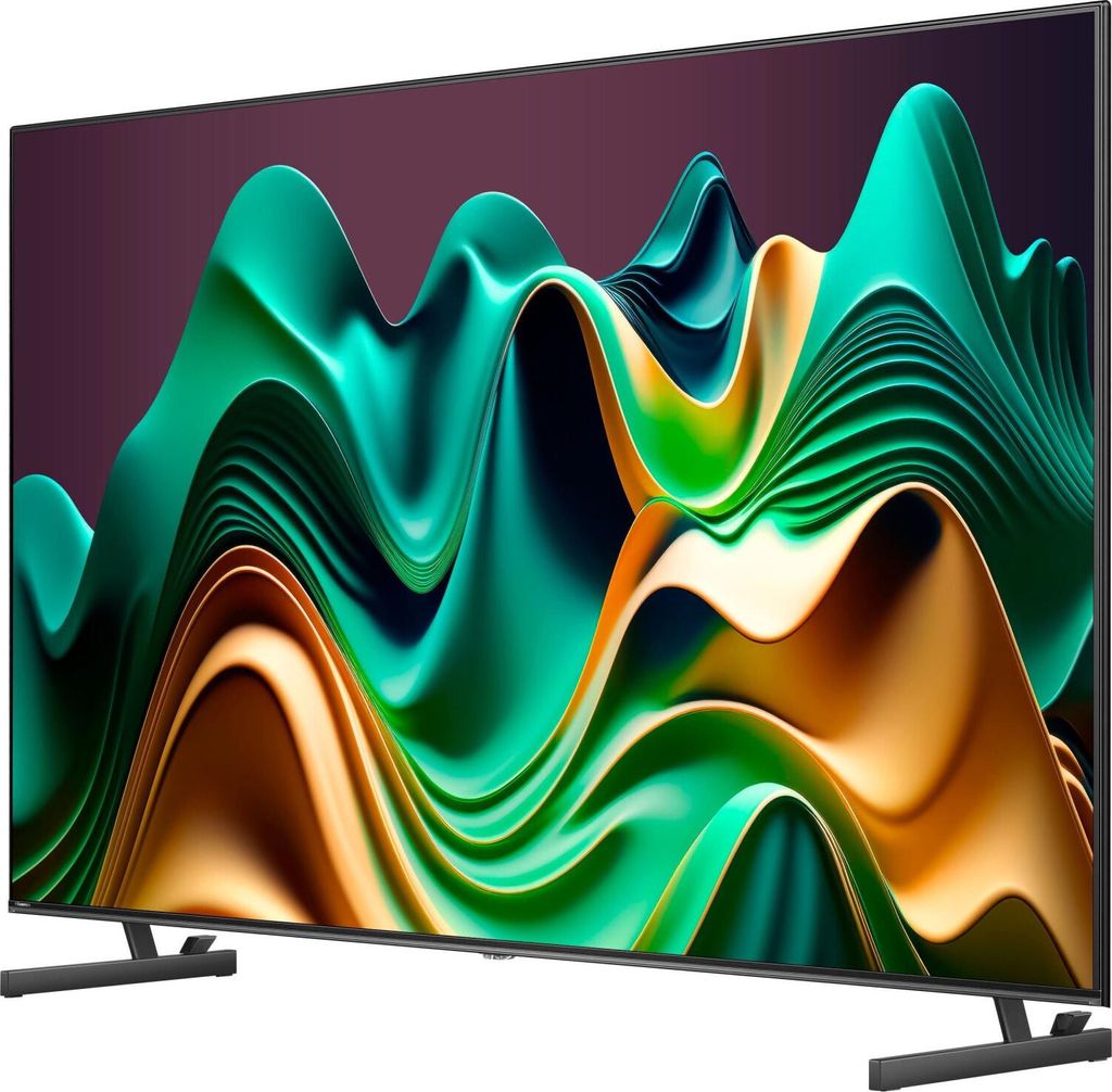 A television screen displaying abstract, colorful, wavy graphics.