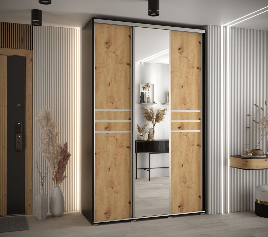 Kleiderschrank ASIRI 11 - 150/45 cm, Schwarz / Artisan-Eiche / Silber