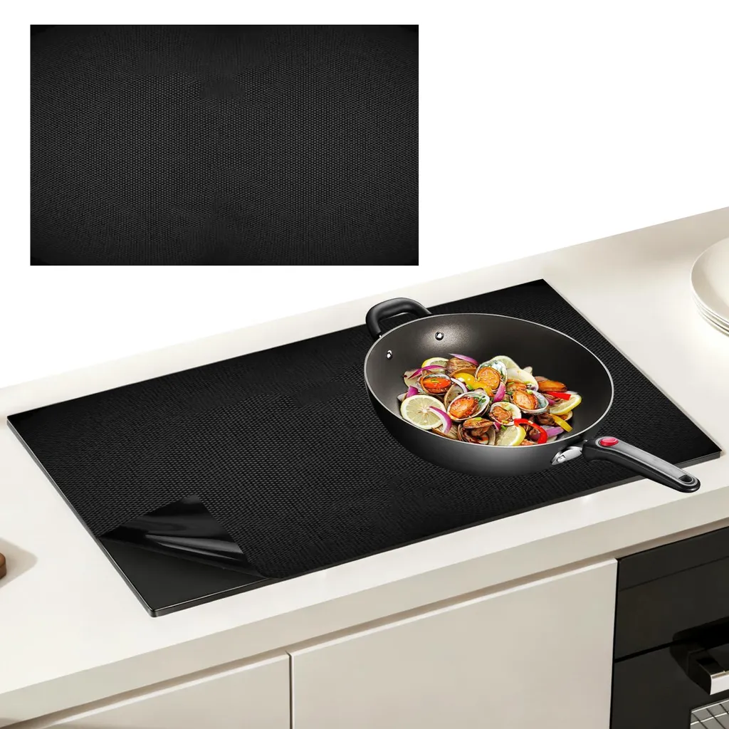 Grand tapis induction 80 x 52 cm en silicone noir pour plaque de cuisson