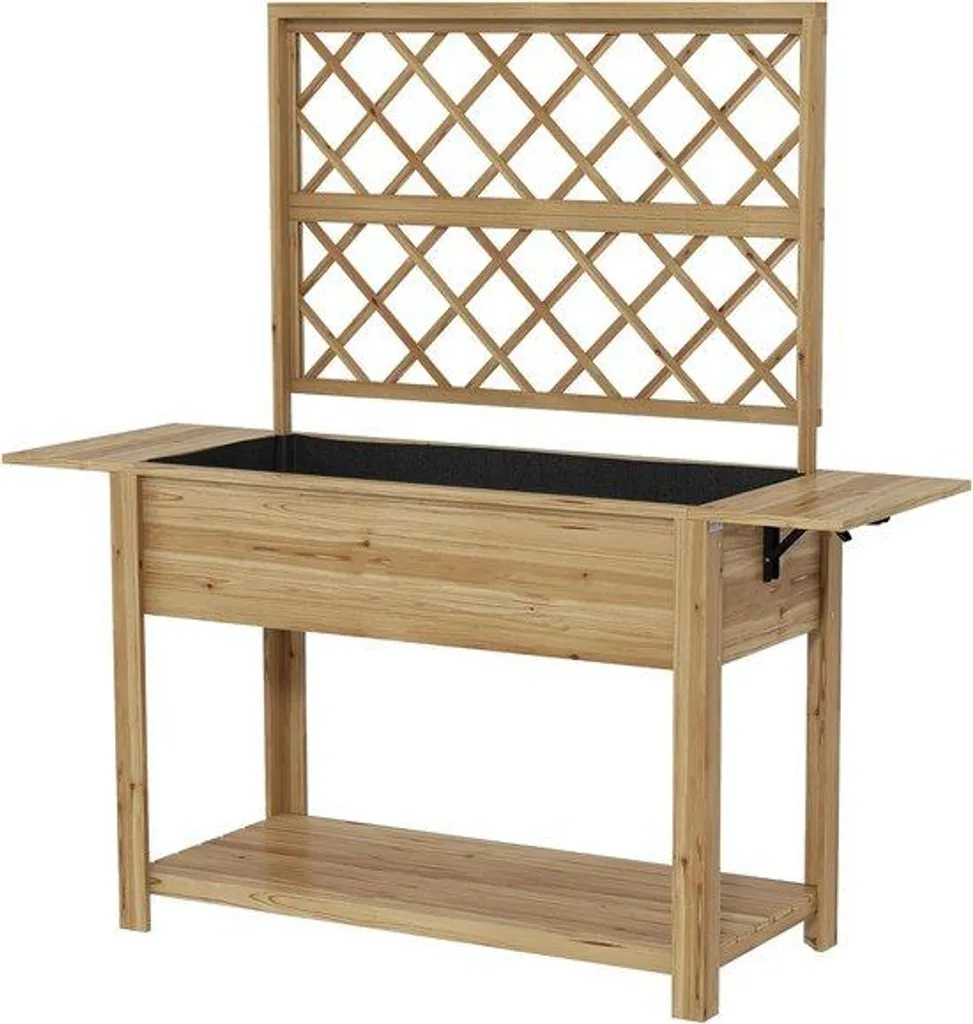 Jardin surélevé 140 cm avec grille de croissance et tablette basse bois