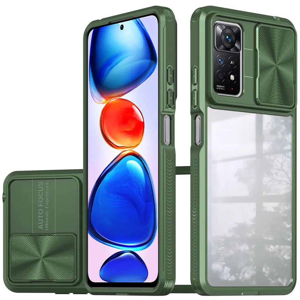 Custodia Redmi Note 11 Pro, Custodia ibrida in TPU trasparente con copertura scorrevole della fotocamera Xiaomi Redmi Note 11 Pro 5G/4G verde