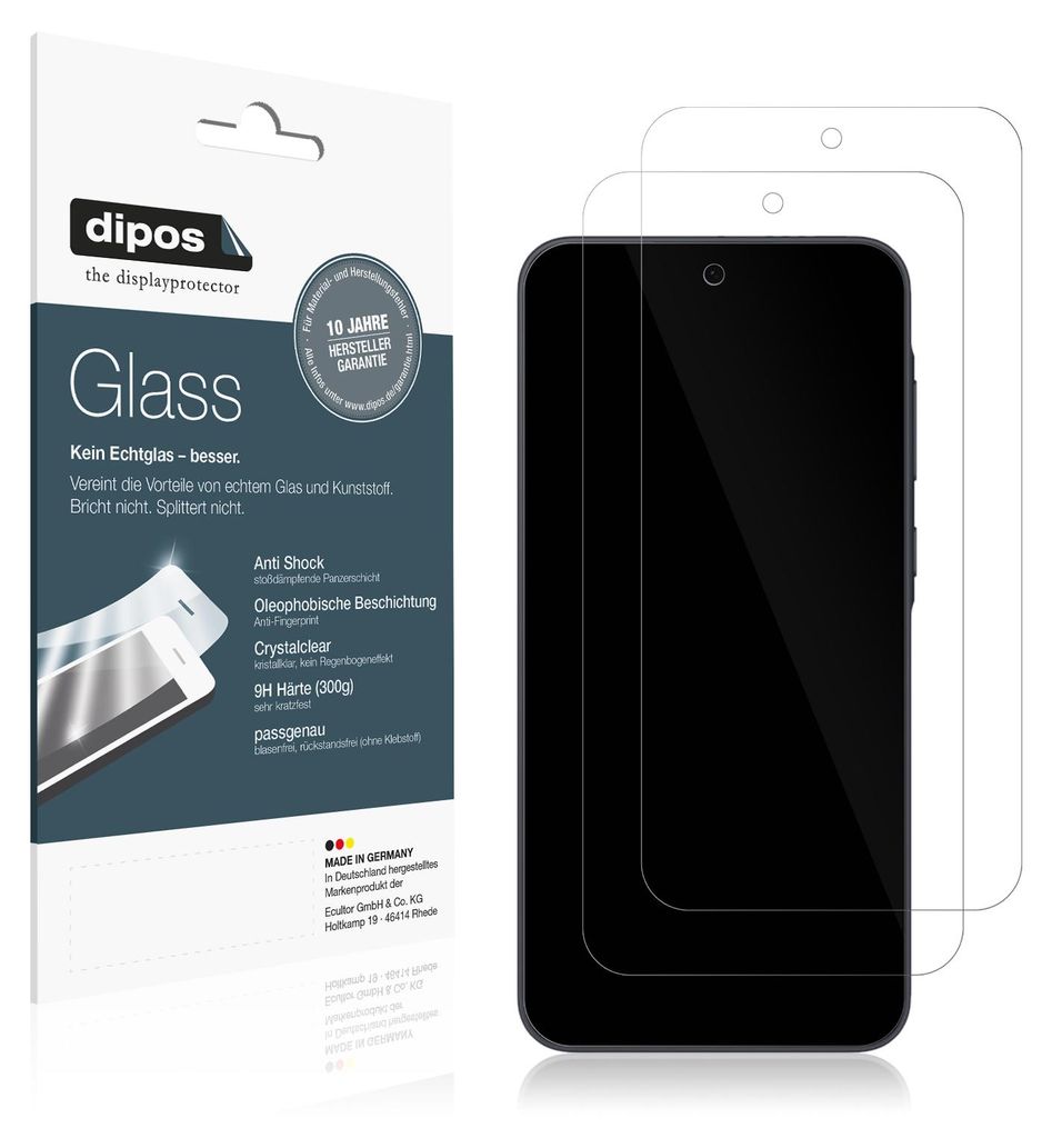 The image shows the packaging of a screen protector next to a smartphone with screen protectors on it.