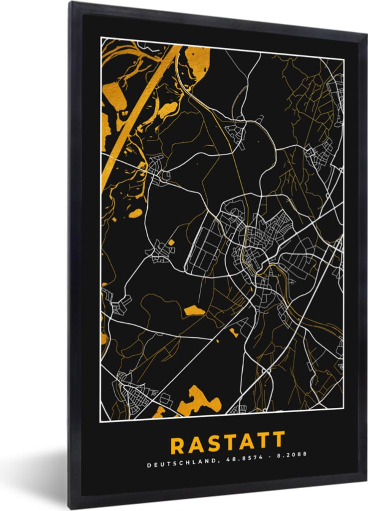 MuchoWow Gerahmtes Poster Deutschland - Schwarz und Gold - Rastatt - Stadtplan - Karte 40x60 cm - Poster mit Schwarzem Bilderrahmen Wandposter Ra...