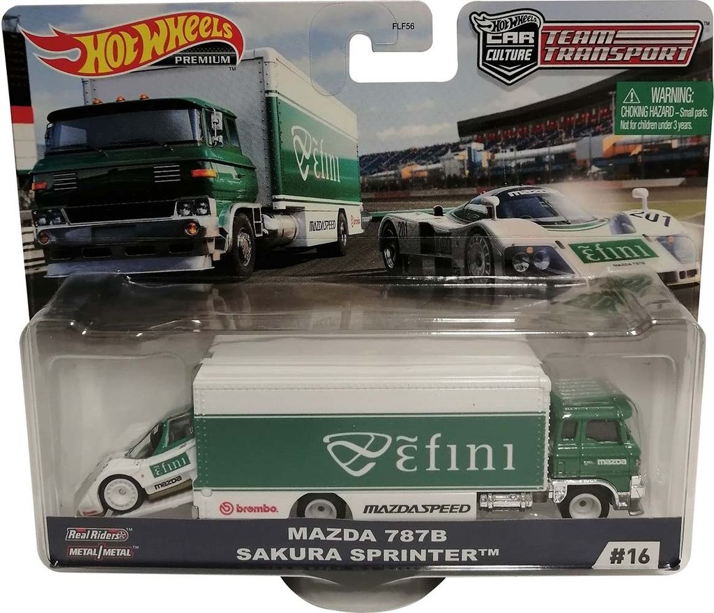 Mattel GJT36 Hot Wheels Premium Mazda 787B Sakura Sprinter grün Car Culture Team Transporter LKW Transporter und Rennwagen