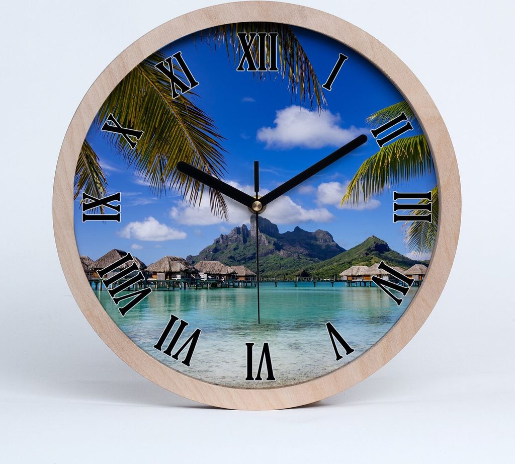 Holzuhr 20fi cm wanduhr - schwarze Spitzen - Palmen auf dem bora