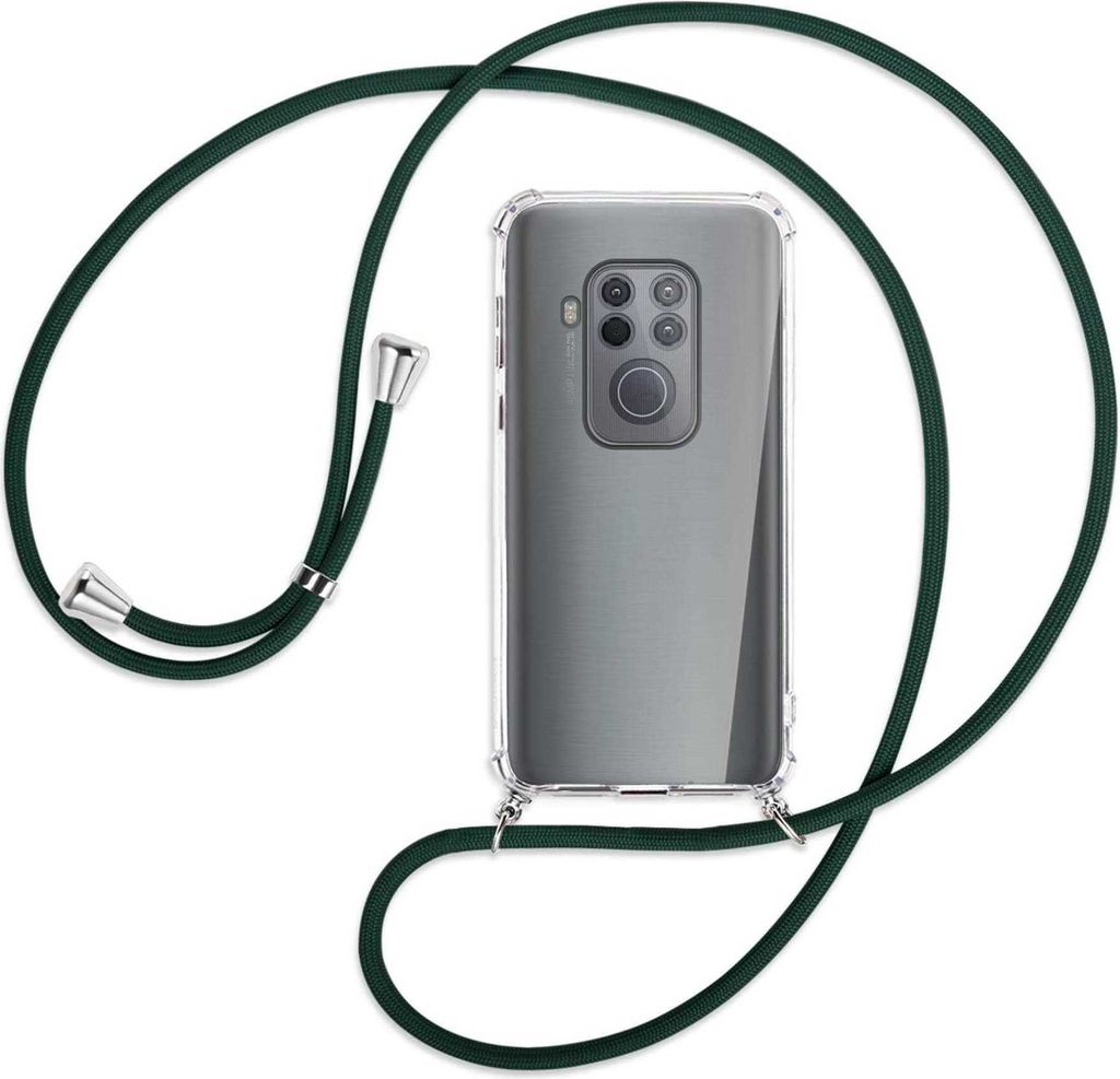 Handykette Backcover-Schutzhülle mit Band (Metall silberfarben) für Motorola One Zoom, One Pro - dunkelgrün