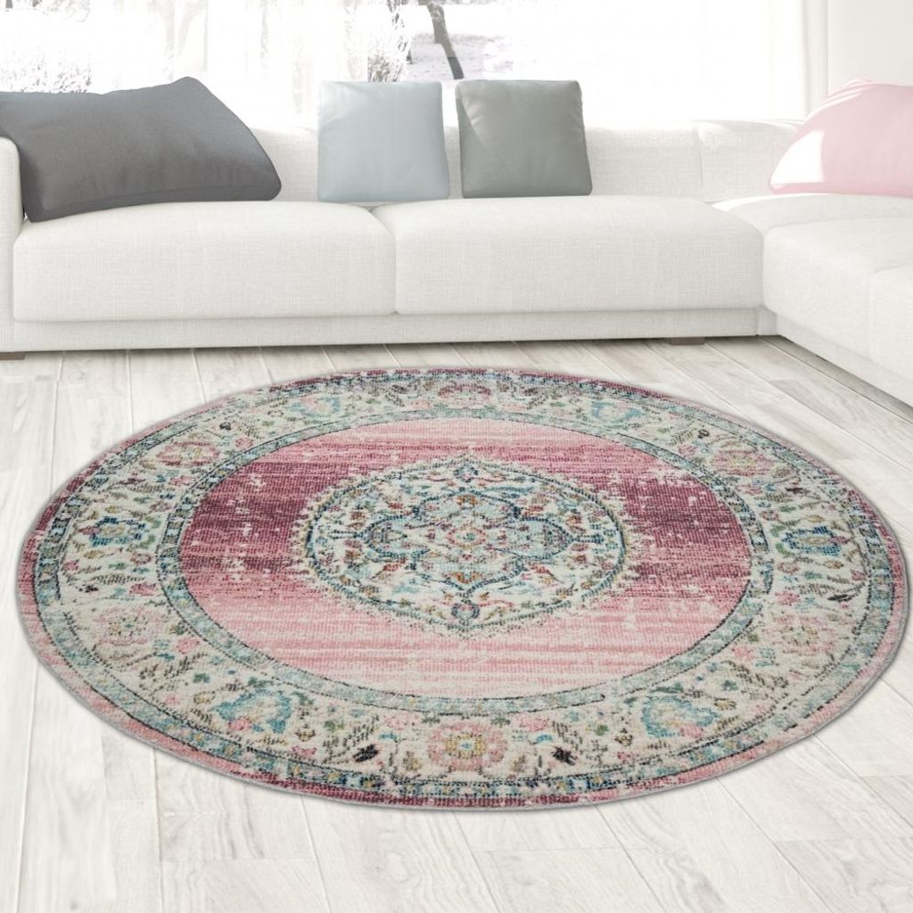 Teppich Outdoor Orientteppich Wohnzimmerteppich Ornamente in rosa Größe - 120 cm Rund