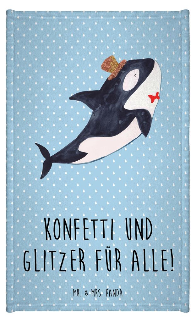 Mr. & Mrs. Panda Handtuch Orca Zylinder - Blau Pastell - Geschenk, Geburtstag, Konfetti, Frotteehandtuch, Klein, Meer, Narwal, Feier, Gästetuch, F...