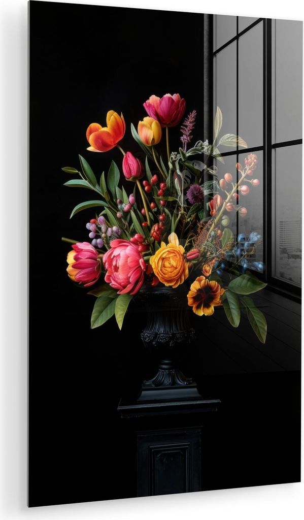 MuchoWow Glasbilder - Bilder auf Wandbild - Foto auf Glas Tulpen - Beeren - Blumenstrauß - Vase 20x30 cm Wanddekoration aus Glas - Acrylglasbild -...