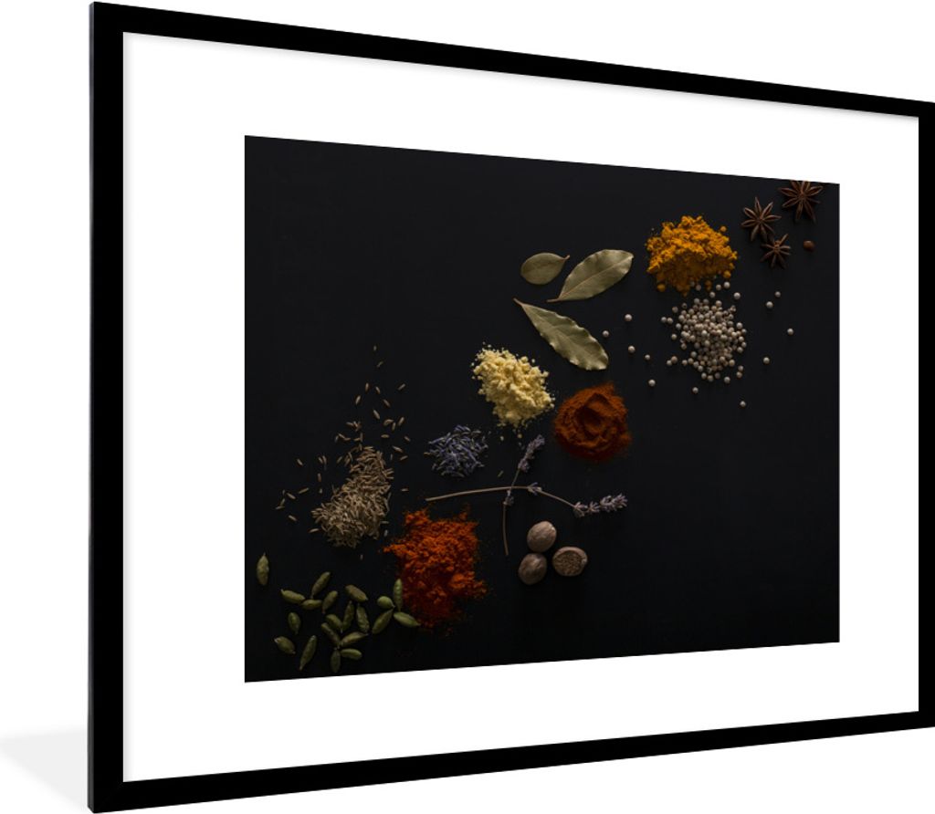 MuchoWow Gerahmtes Poster Kräuter - Schwarz - Gewürze - Küche - Kochen 80x60 cm - Poster mit Schwarzem Bilderrahmen Wandposter Rahmen Foto Bil...