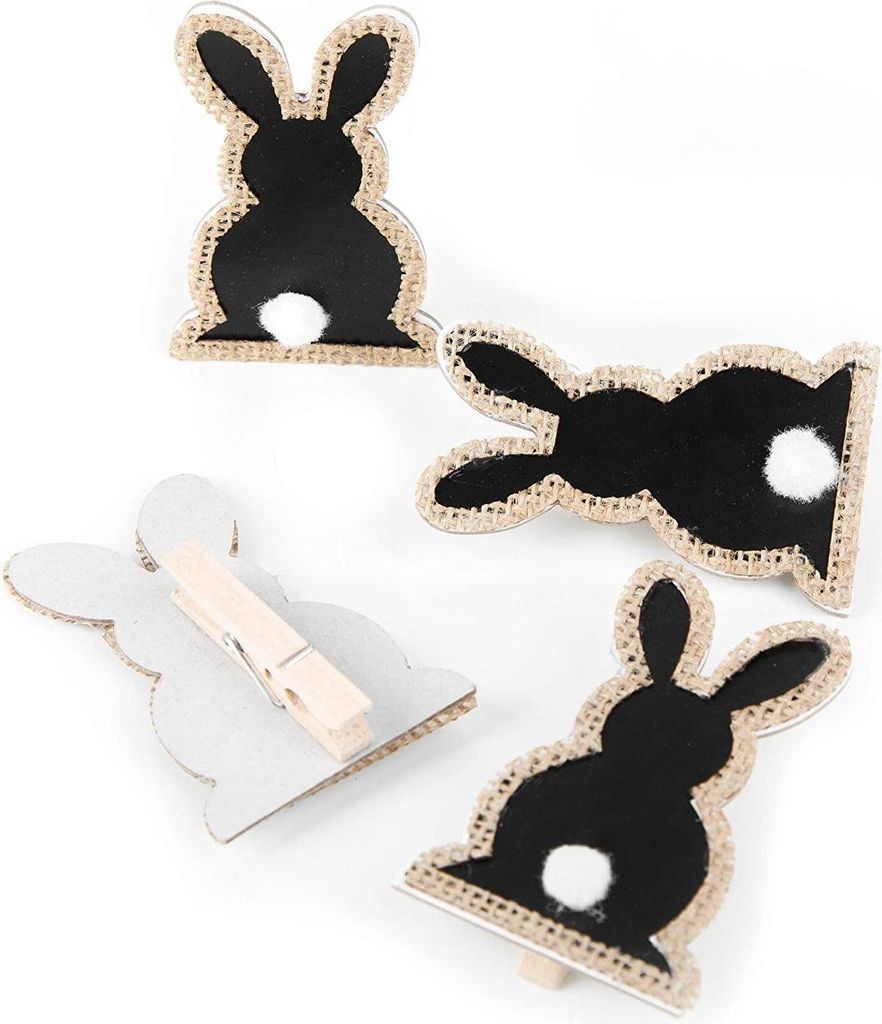 4 Osterdeko Klammern schwarz braun - Vintage Osterhasen Dekoklammern 8 cm aus Holz
