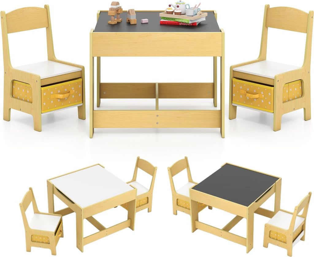 GOPLUS 3tlg. Kindersitzgruppe, Kindertisch mit 2 Stühlen, Kinderschreibtisch Holz mit Stauraum, Kindermöbel Set, für Kleinkinder von 3-7 Jahren ...