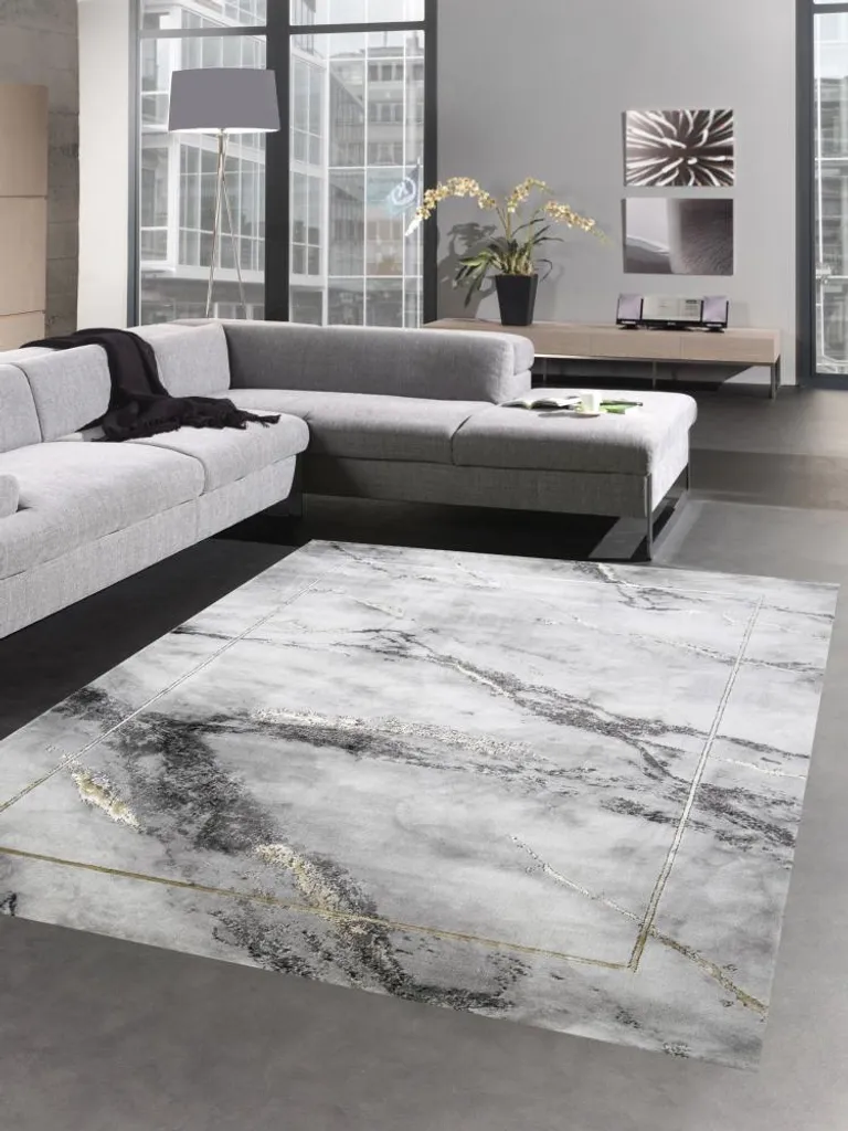 Tapis moderne aspect marbre gris et or luxueux - Dimensions 200 x 290 cm