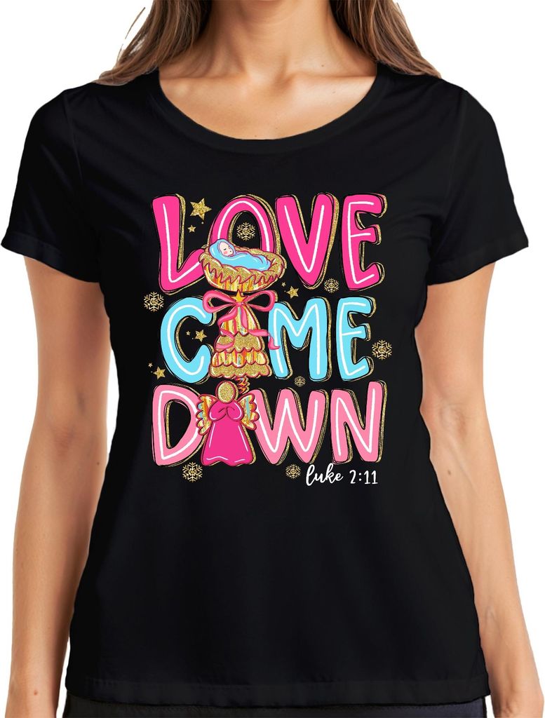 Love Came Down Luke 2:11 Weihnachten Engel Baby Jesus Geschenk Damen T-Shirt, Schwarz, XL
