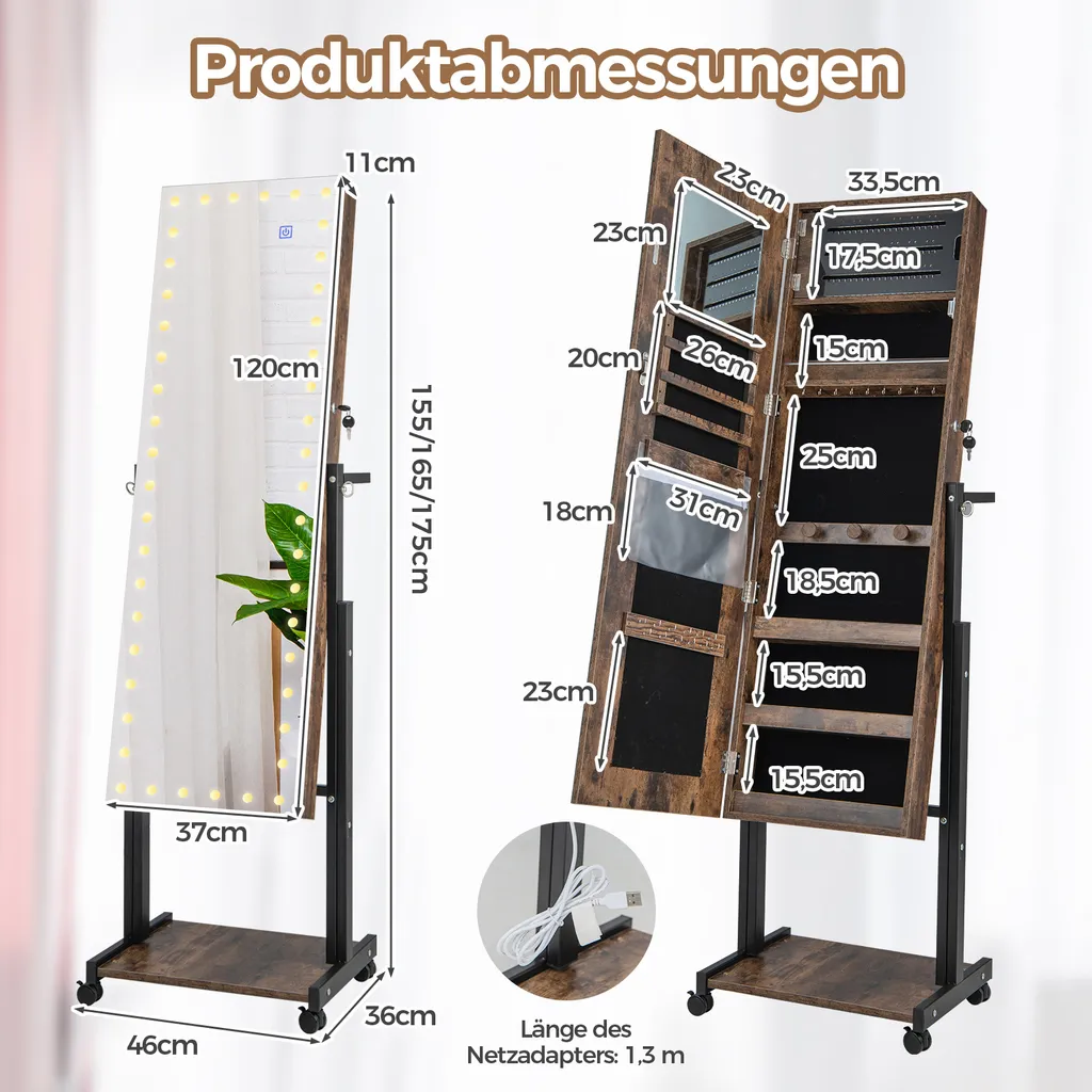 Miroir Psyché Armoire à Bijoux avec Éclairage LED et Rangement Brun - 2