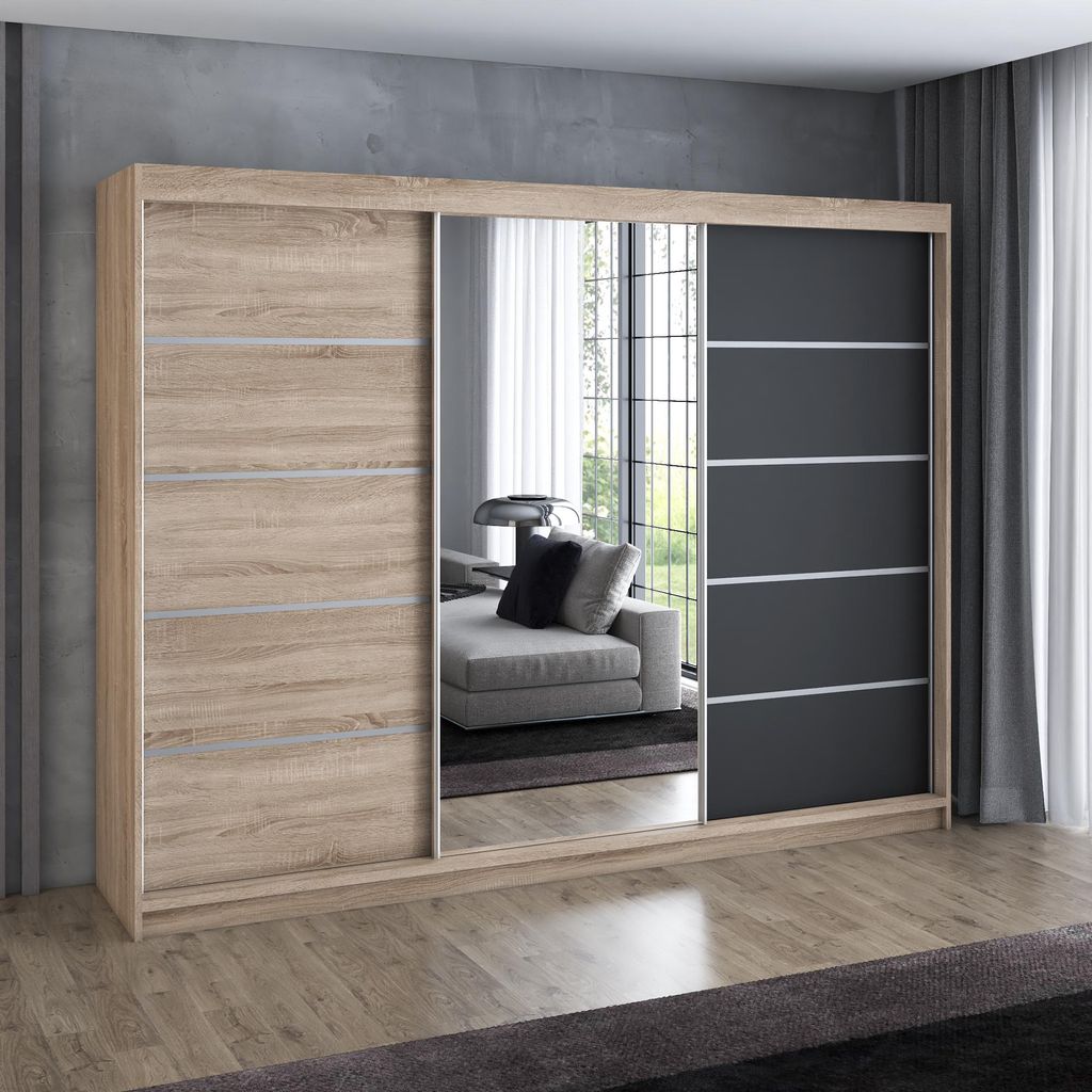 Schwebetürenschrank 200 cm, 3-türig, mit Spiegel & 4 Schubladen, Retro-Stil, Kleiderschrank VILUNO 1 in Sonoma / Schwarz / Sonoma