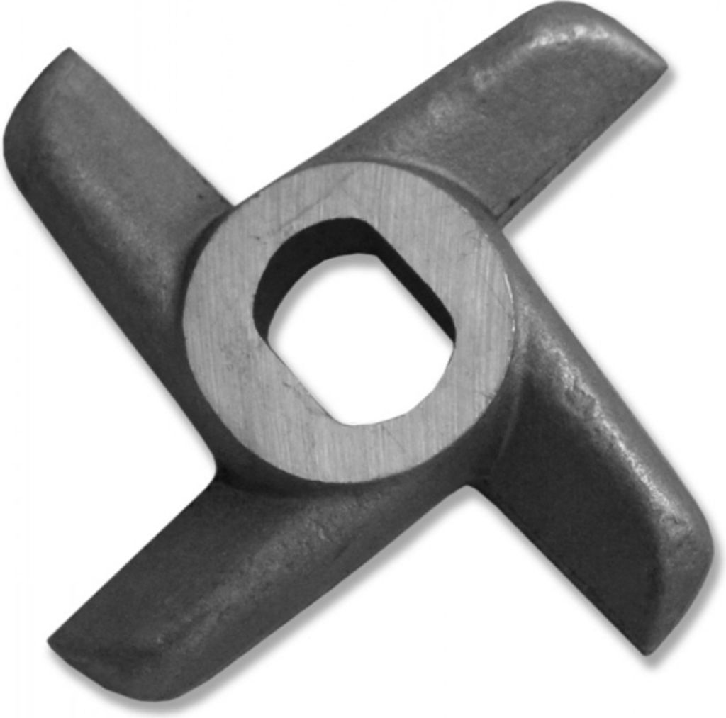 A close-up, studio shot of a metal meat grinder blade.