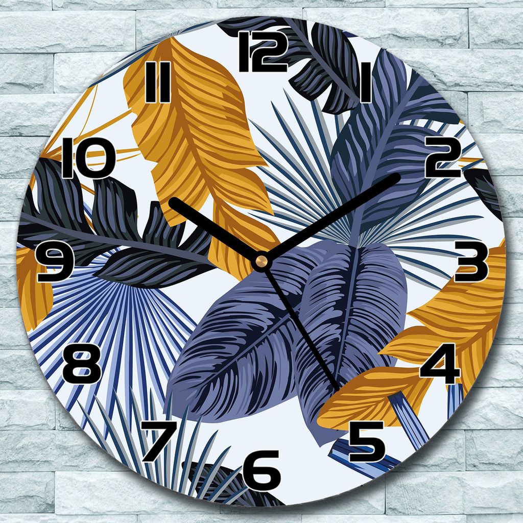 Wanduhr aus Glas Rund fi 30 Blaue Palmblätter Quarz Deko Schlafzimmer Büro