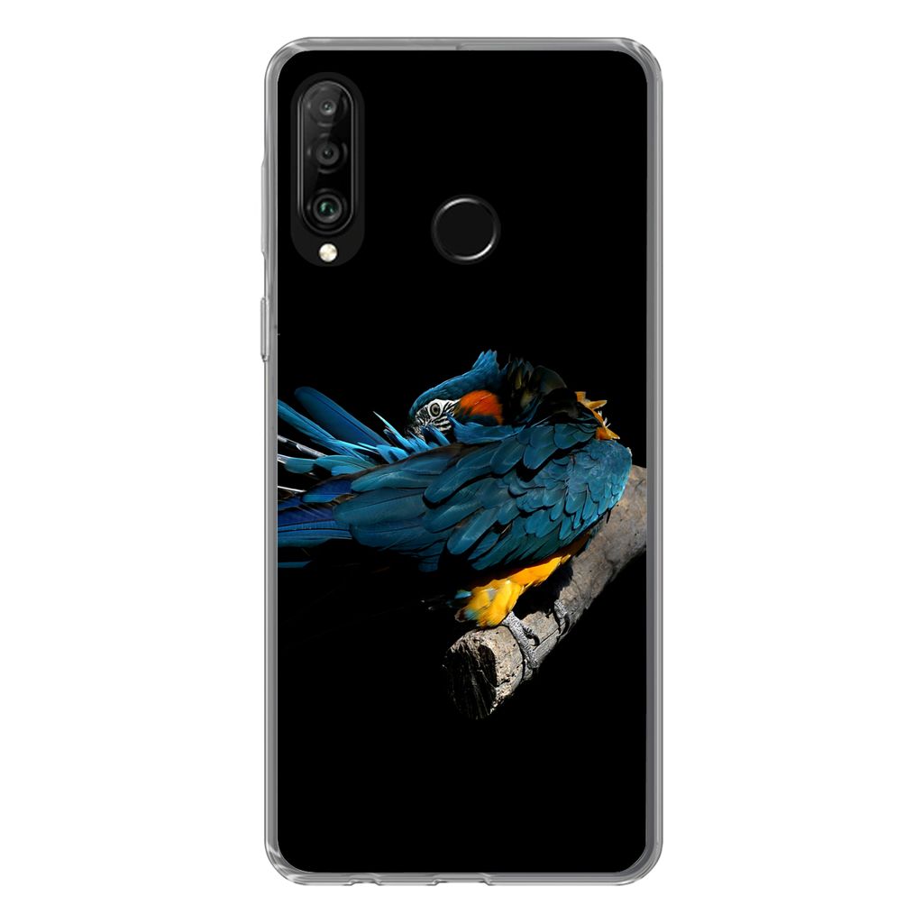 MuchoWow Handyhülle Schutzhülle Hülle für Huawei P30 Lite Vogel - Federn - Zweig - Schwarz Silikon Softcase Handy Hülle - Handyhülle