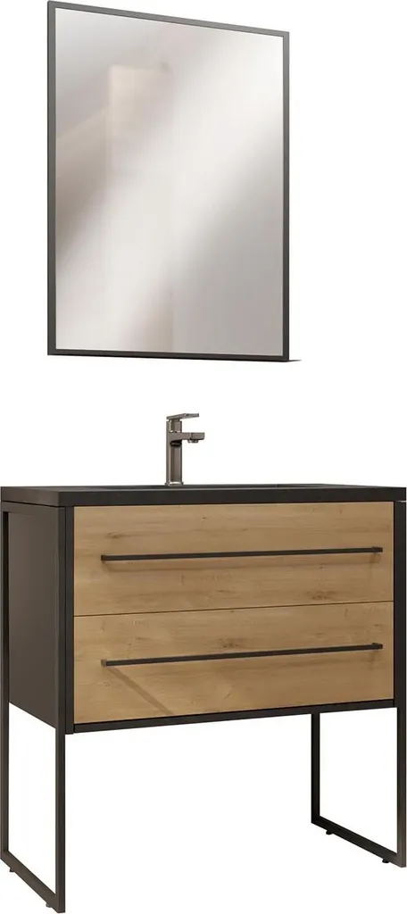 Meuble Salle de Bain 80 cm Noir Mat et Bois avec Vasque Effet Pierre