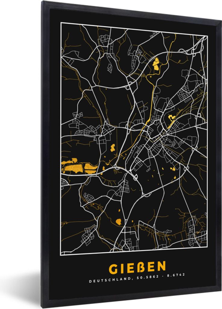 MuchoWow Gerahmtes Poster Deutschland - Schwarz und Gold - Gießen - Stadtplan - Karte 40x60 cm - Poster mit Schwarzem Bilderrahmen Wandposter Ra...