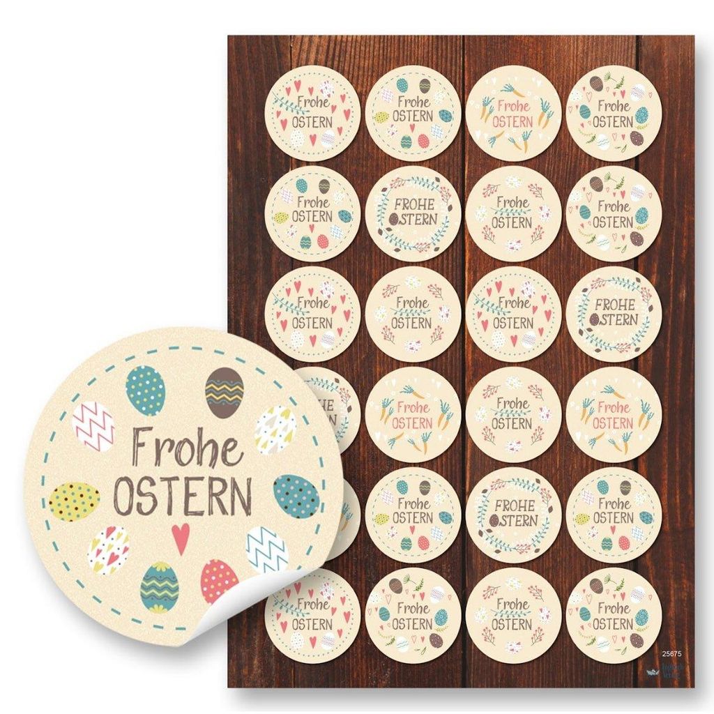 Oster Aufkleber Frohe Ostern rund 4 cm - 24 Stück Sticker Set Geschenkaufkleber für Osternest Geschenke Briefe Basteln Frühling Osterdeko - Logb...