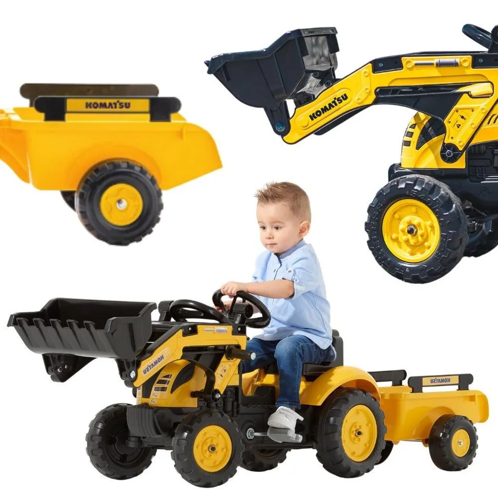 Tracteur à pédales Falk Komatsu avec remorque et pelleteuse articulée