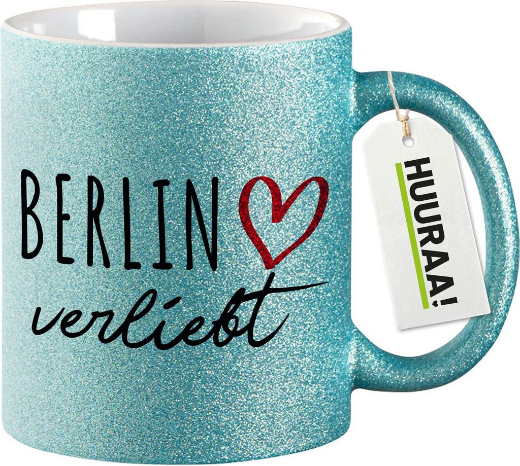Huuraa Glitzertasse Berlin verliebt 330ml Blau Keramik Kaffeebecher Geschenkidee