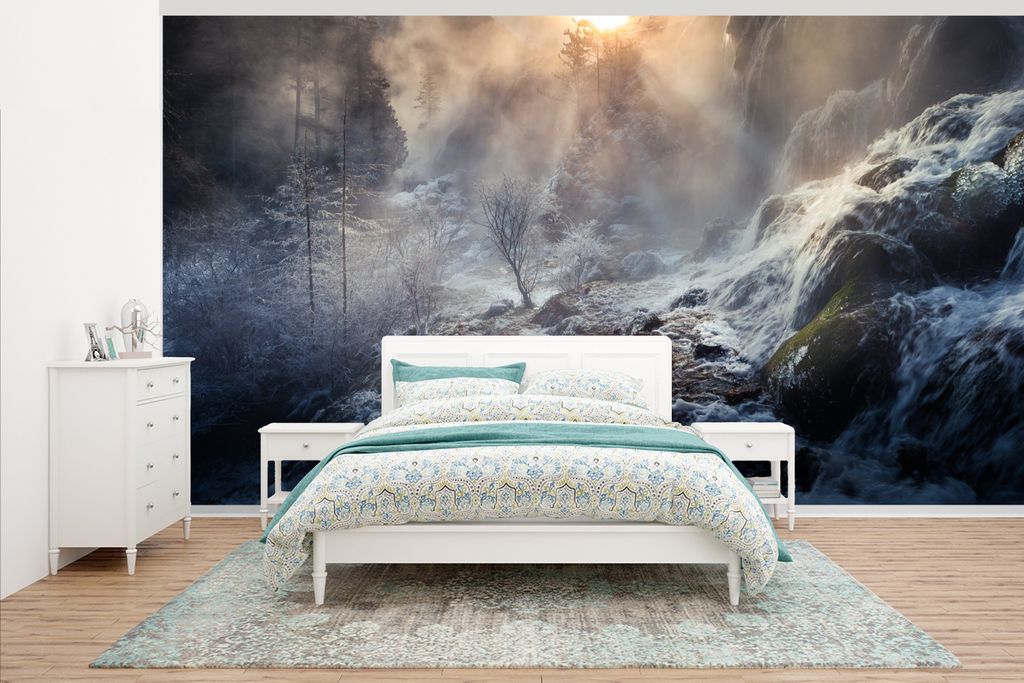 MuchoWow Fototapete für Wohnzimmer oder Schlafzimmer Wandtapete Vinyl Motivtapete Wasserfall - Eis - Nebel - 395x220 cm - Tapezier Papier