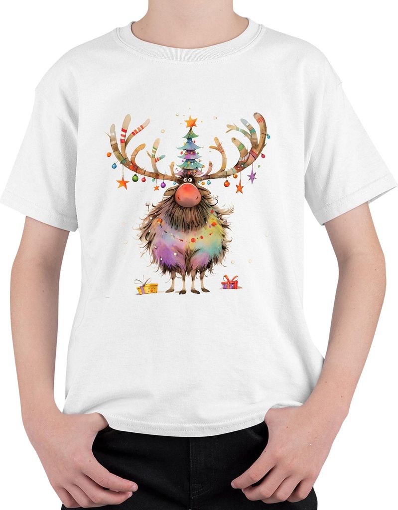 Lustiges Weihnachtsrentier Geweih Weihnachtsbaum Lichterkette Uni Kinder T-Shirt, Weiß, 104