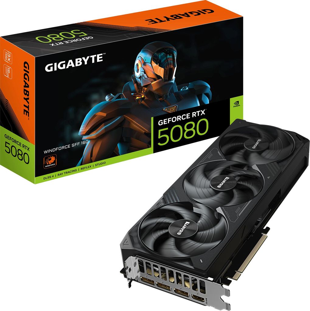 GIGABYTE GeForce RTX 5080 WINDFORCE SFF 16G Grafikkarte - 16GB GDDR7, 256bit, PCI-E 5.0, 2617MHz Kerntakt, 3 x DisplayPort, 1 x HDMI, GV-N5080WF3-16GD