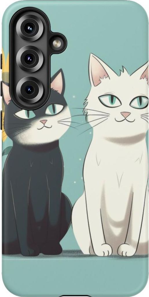 Zwei Cartoon-Katzen mit Sonnenblume – Hülle Kompatibel mit Samsung Galaxy S25 Plus
