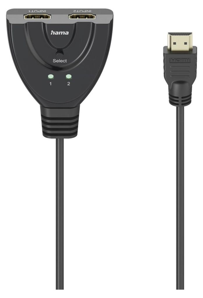 A black HDMI switch with two input ports and one output port, along with an attached HDMI cable and connector.