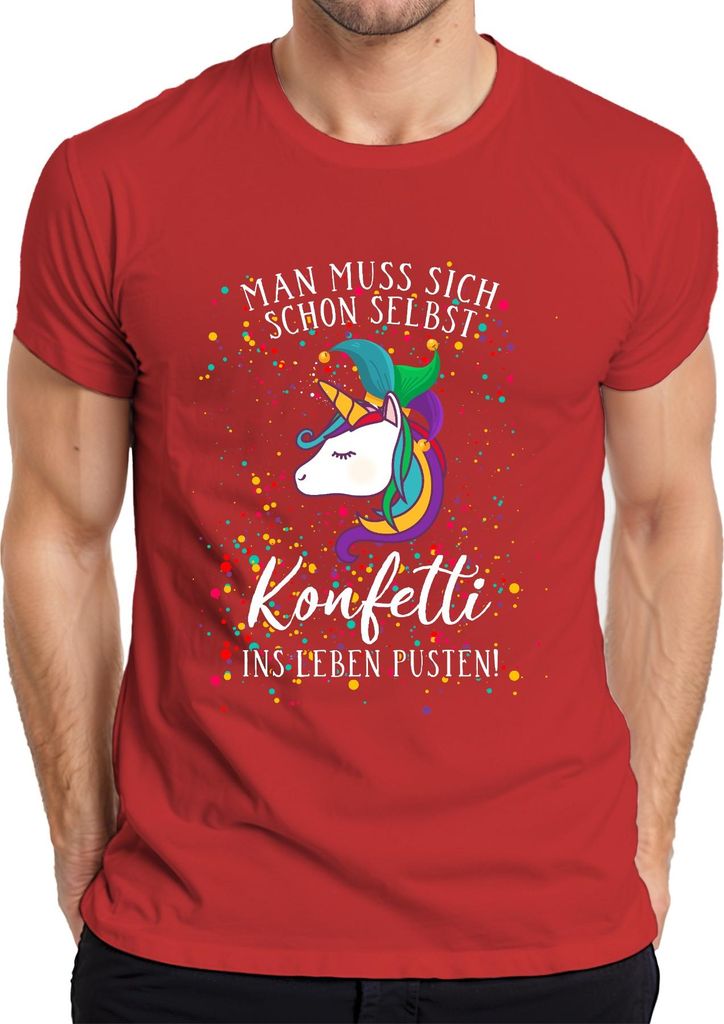 Man muss sich schon selbst Konfetti ins Leben pusten Einhorn Herren T-Shirt, Rot, XXL