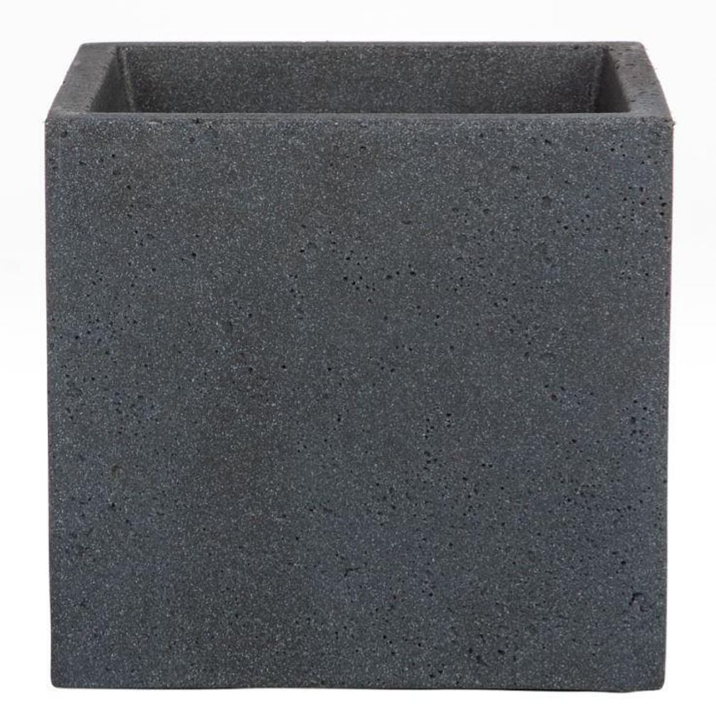 A square, dark gray planter pot with a textured surface, shown from the front against a white background.