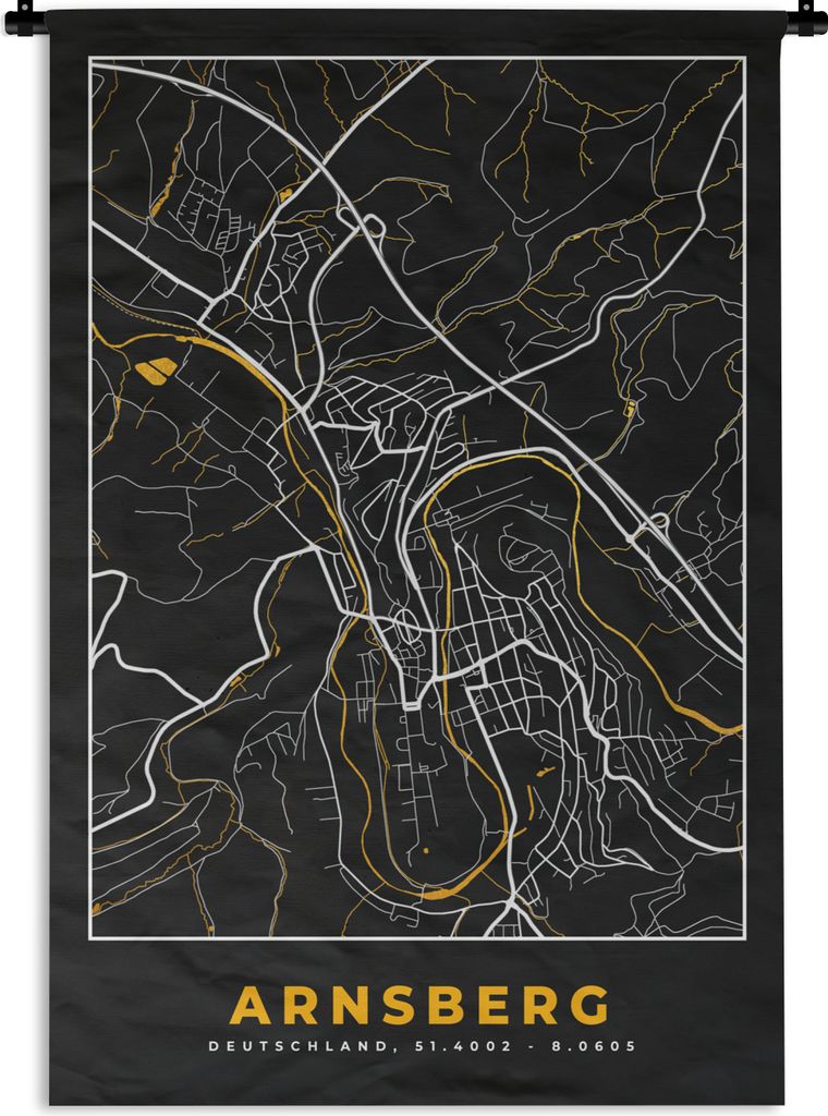 MuchoWow Wandteppich Wandbehang Arnsberg - Stadtplan - Gold - Karte - Deutschland 60x90 cm Tapisserie Dekoration Wandtuch - Foto-Teppich - Abwasc...