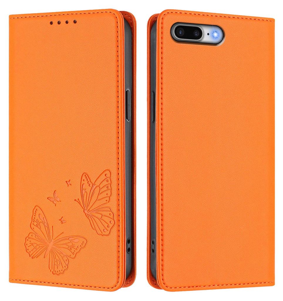 Lederhülle für iPhone 8 Plus/7 Plus/6s Plus/6 Plus, Schmetterling Prägung Leder Brieftasche Schutzhülle mit Ständer Orange