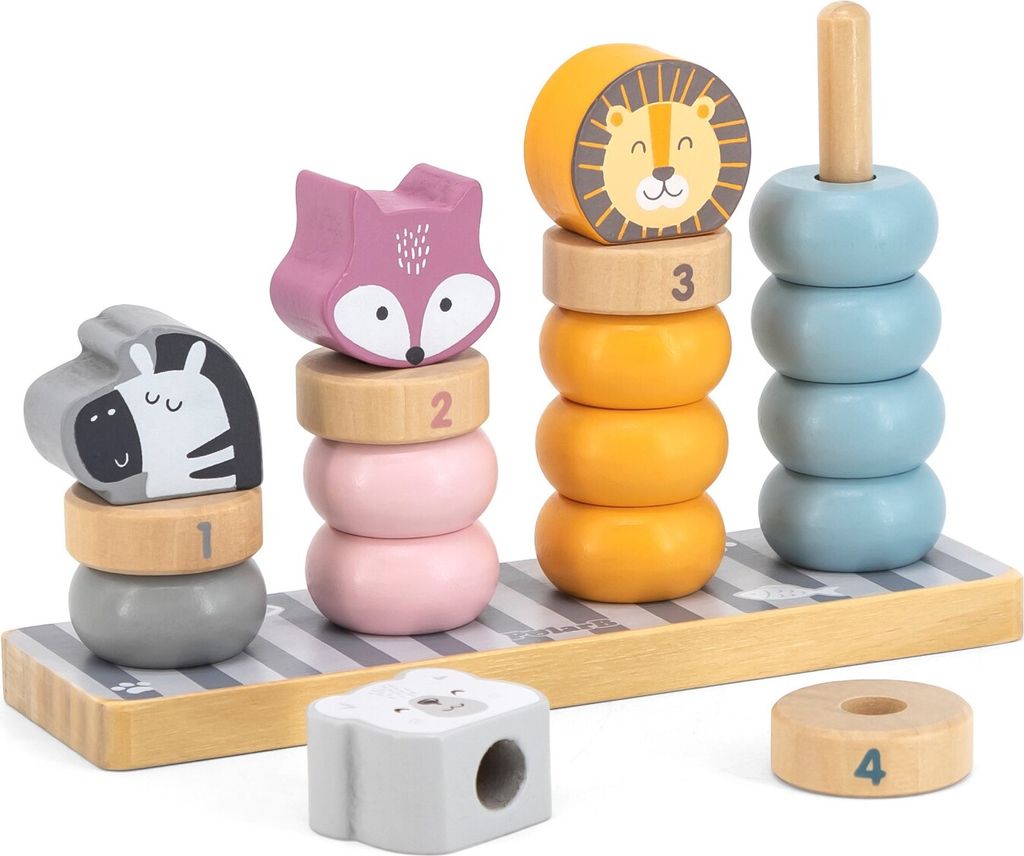 A wooden stacking toy with animal figures and colored rings.