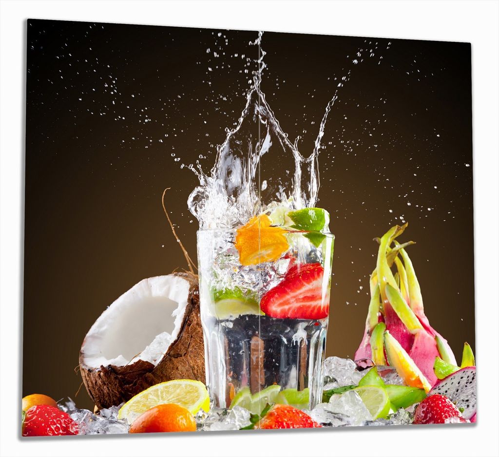 Wallario Herdabdeckplatte aus Glas, Größe 60 x 52 cm 2-teilig, Motiv Tropische Früchte in einem erfrischenden Drink
