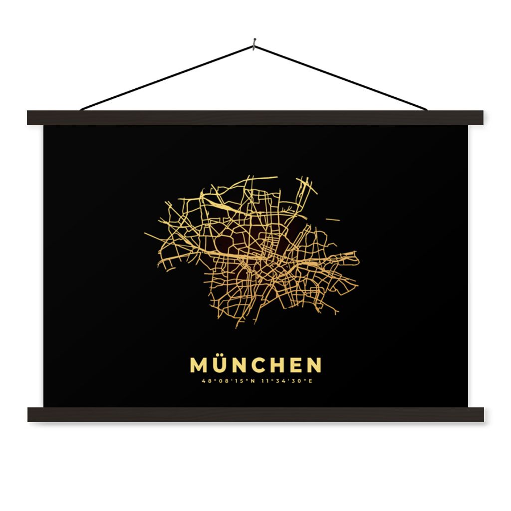 MuchoWow Textilposter Gold - Karte - München - Stadtplan 90x60 cm mit schwarzem Rahmen - Aufhängungssatz