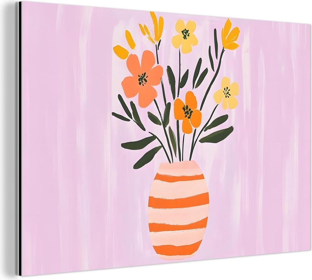 MuchoWow Wanddekoration Metall Metallbild Wandkunst 60x40 cm Vase - Gestreift - Blumen - Orange MuchoWow Aluminium Gemälde - Gemälder