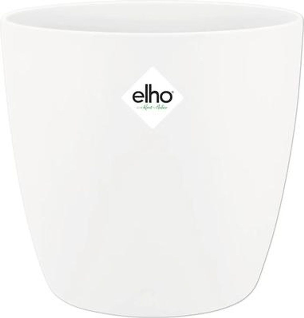A white plant pot with a logo on it.