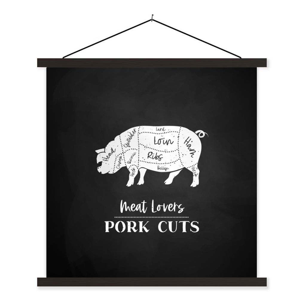 MuchoWow Textilposter Küche - Schwein - Fleisch 120x120 cm mit schwarzem Rahmen - Aufhängungsset