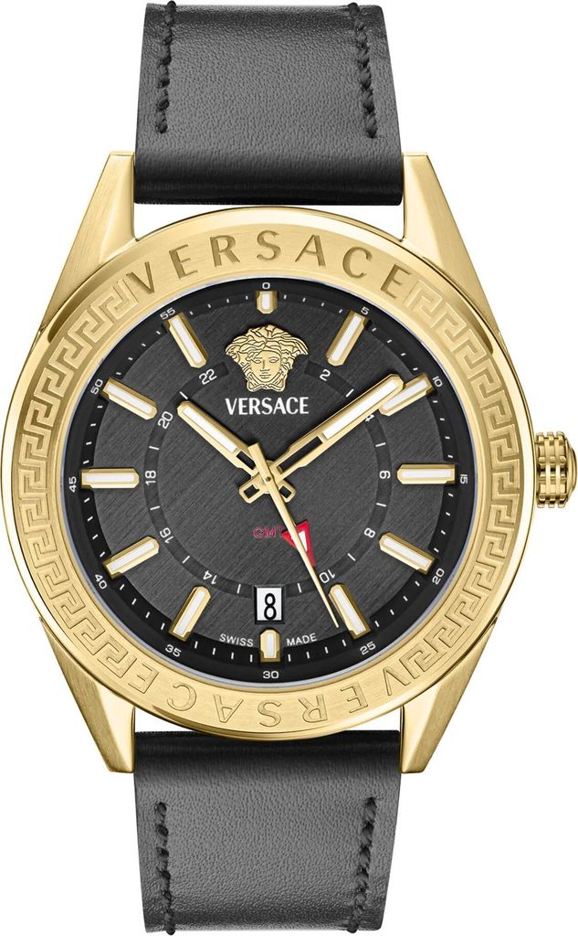 Versace VEAFA0224 V-Code GMT schwarz gold Edelstahl Leder Herren Uhr NEU